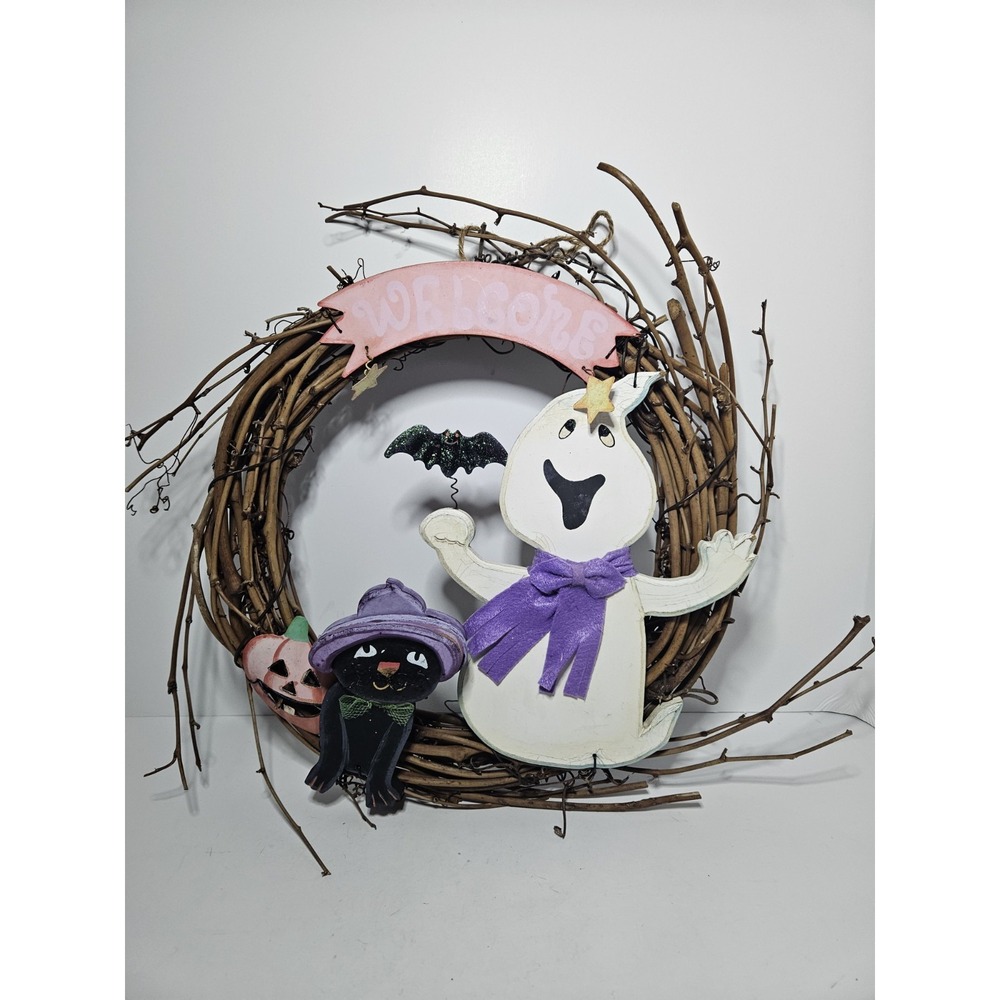 Vintage Halloween Ghost Black Cat Wooden Grapevine Wreath Welcome 13" Decor